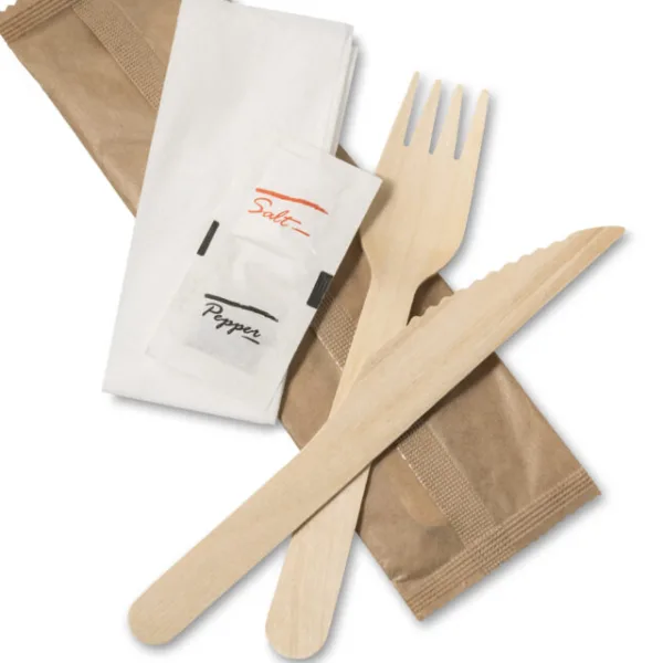 5 in 1 Wooden Cutlery Set Fork, Knife, Salt, Pepper, 2ply Napkin 1x250pcs